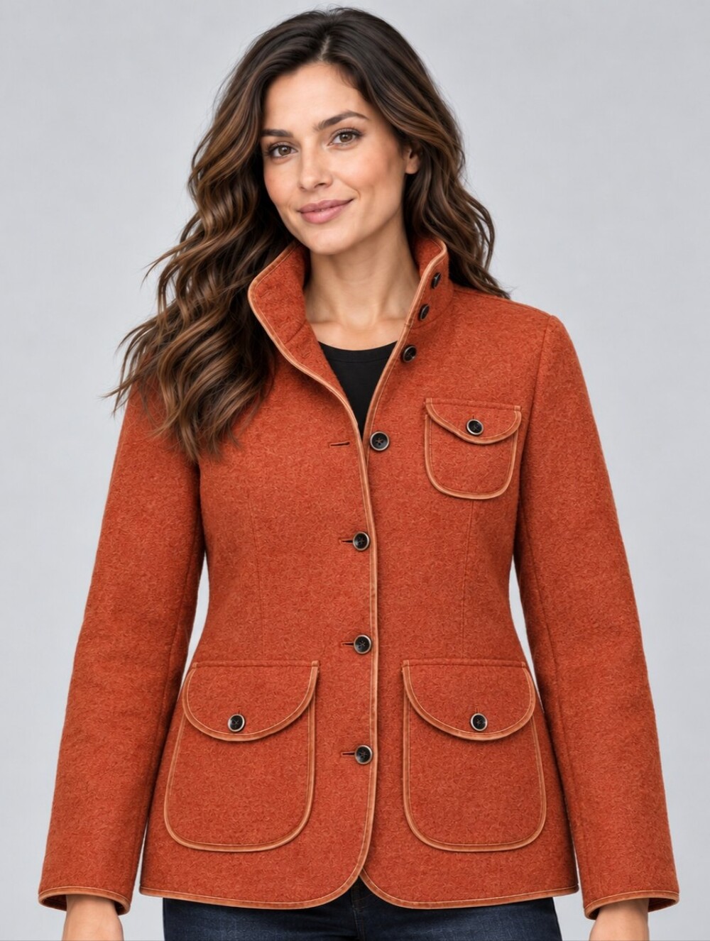 J. Peterman Women's Wool Jacket Rust Orange Velvet Trim Patch Pockets Size 6